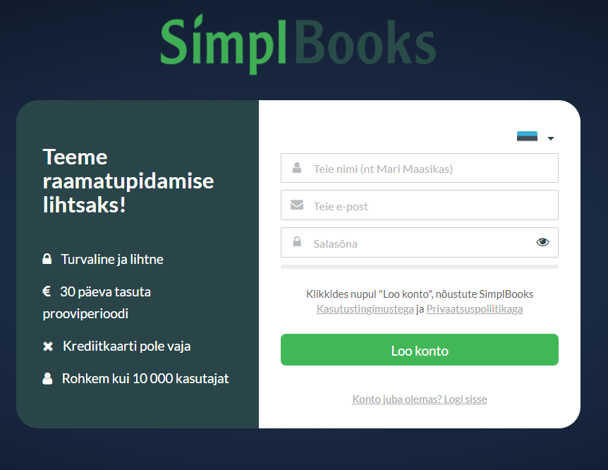 SimplBooks registreerimisvorm